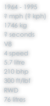 1964 - 1995
? mph (? kph)
1746 kg
? seconds
V8
4 speed
5.7 litre
210 bhp
300 ft/lbf
RWD
76 litres